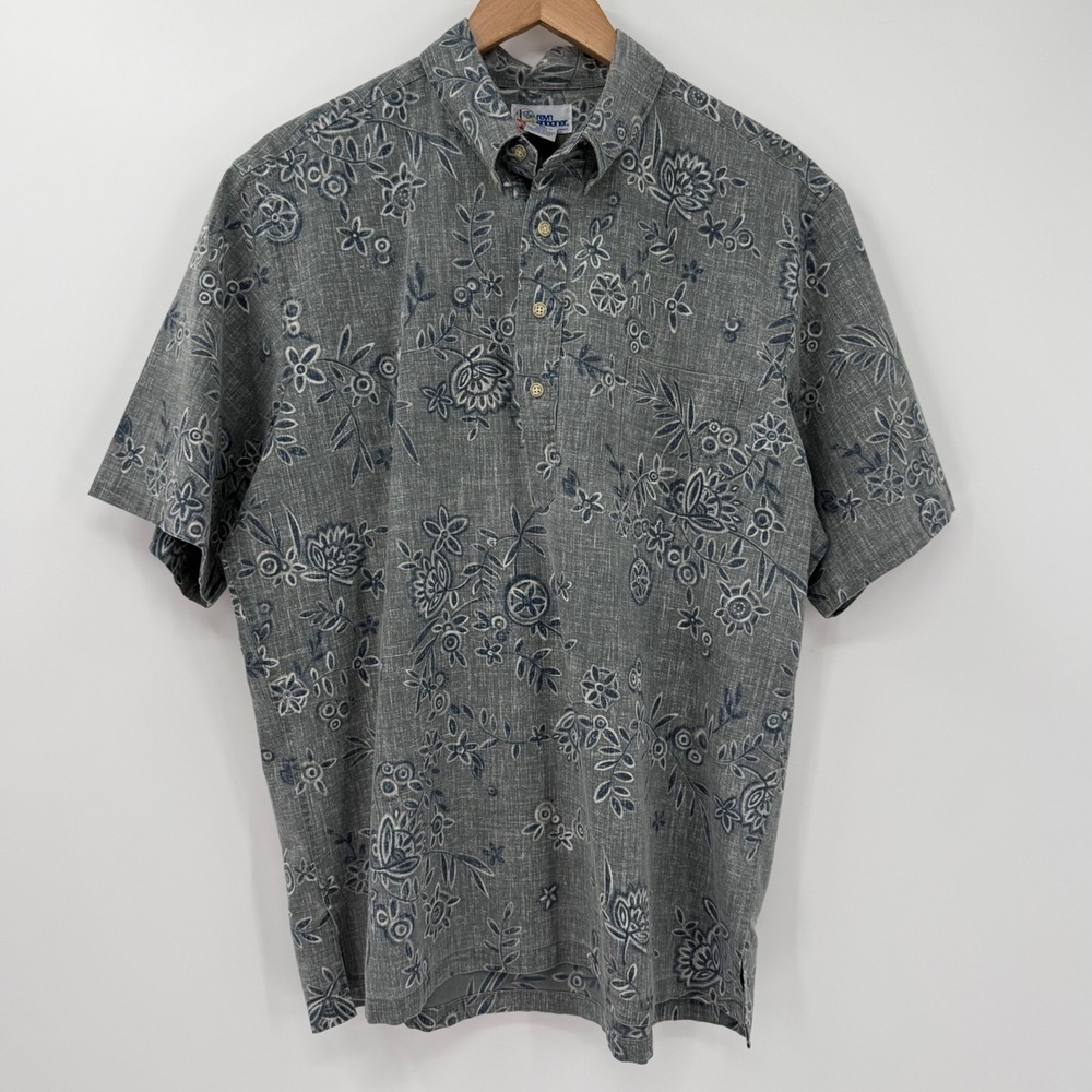 Reyn Spooner Hawaiian Floral 1/4 Button Shirt Gray Blue Men's Large